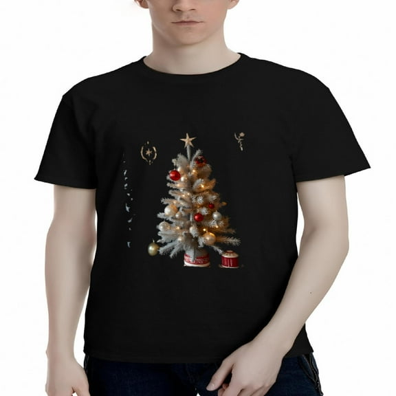 Men's Cotton Short Sleeve T-Shirts with Festive Christmas Tree Design Red & Gold Ornaments Star & Moon Background Perfect Holiday Tee