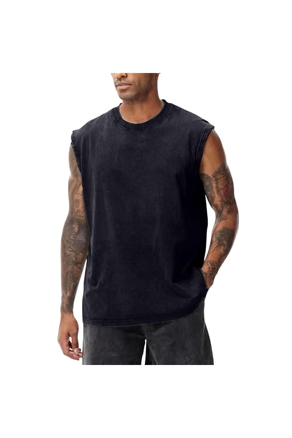 Men's Cotton Sleeveless Shirt Workout Muscle Tank Tops Casual Washed T Shirts Spring Summer Beach Tee Black 2XL
