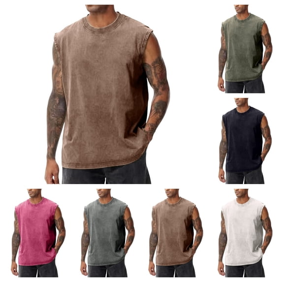 Men's Cotton Sleeveless Tank Tops Casual Cut Off Muscle Gym T Shirts Summer Vintage Running Beach Loose Fit Tees Coffee M