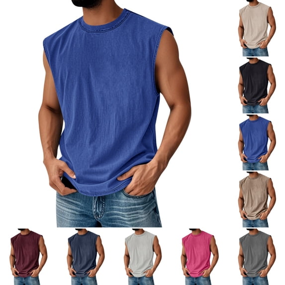 Men's Cotton Sleeveless Tank Tops Casual Stylish Crewneck Muscle Gym Tank Shirts Summer Quick Dry Pure Color Beach Vest Blue 2XL