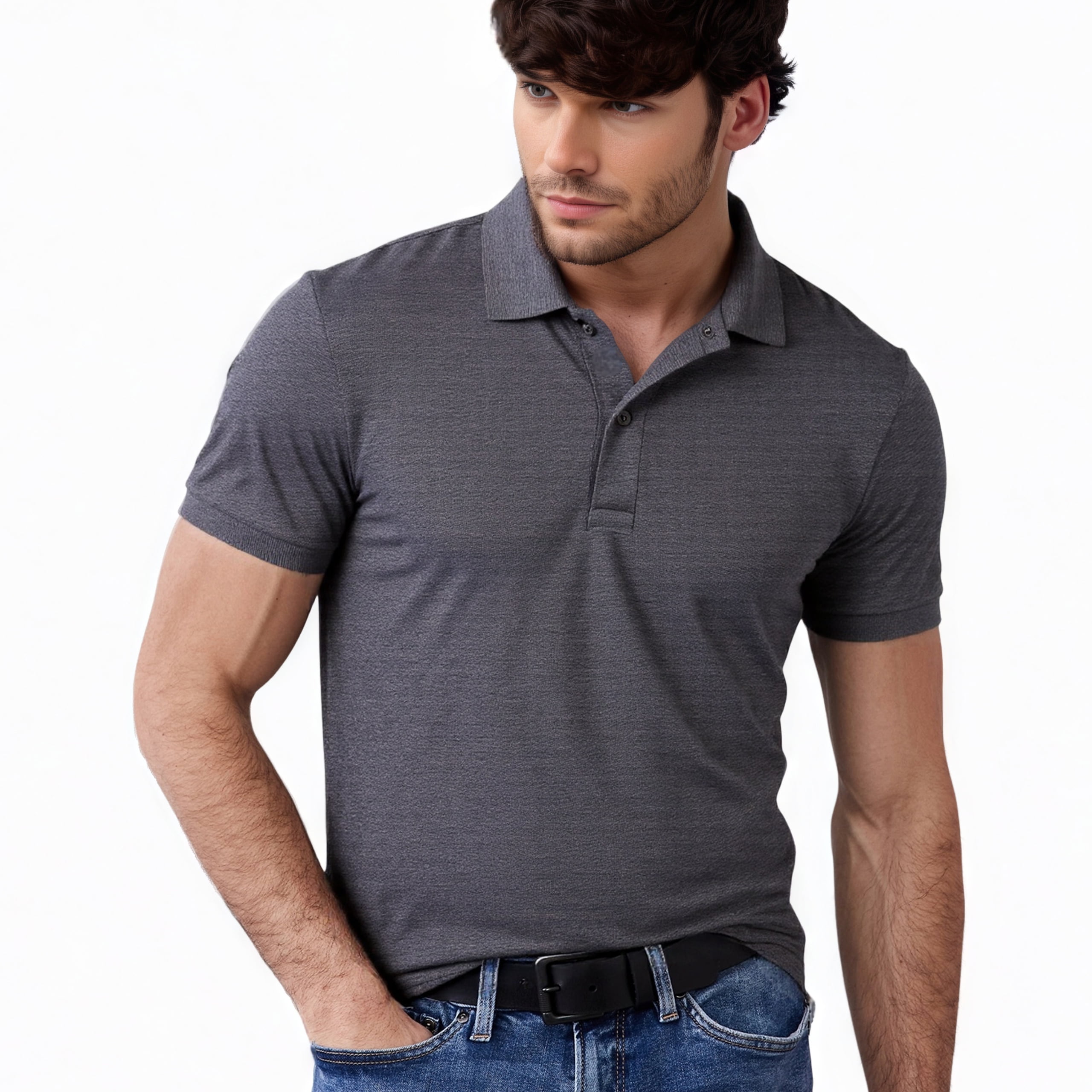 Men's Cotton Slim Polo Short Sleeve Shirt, Charcoal Grey 3XL