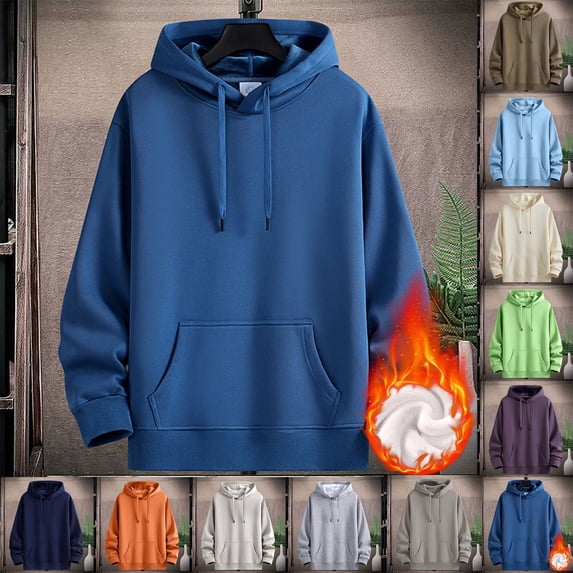 Men's Cotton Solid Color Hoodie Long Sleeve Thick Sweatshirt Jacket Casual Loose Fit Outdoor Streetwear Pullover Top | JASKFLY,Dark Blue L