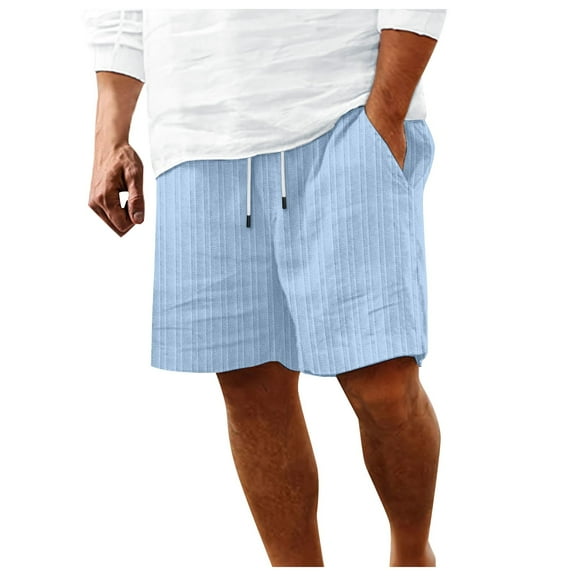 Men's Cotton Striped Beach Shorts, Breathable, Summer Cargo Shorts with Pockets, Elastic Waistband, Comfortable, Breathable, Casual (Blue, L)
