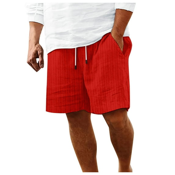 Men's Cotton Striped Beach Shorts, Breathable, Summer Cargo Shorts with Pockets, Elastic Waistband, Comfortable, Breathable, Casual (Red, M)