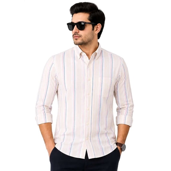 Men's Cotton Striped Casual Shirt | Long Sleeve | Button Down Shirt | Regular Fit (Off-White-L)