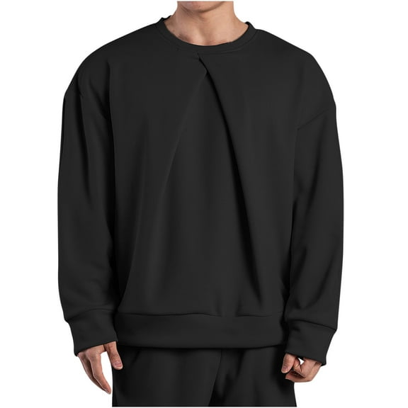 Men's Cotton Sweatshirts with Front Pleats Solid Color Casual Crewneck Pullover Sweater Long Sleeve Fall Tops (M, Black)