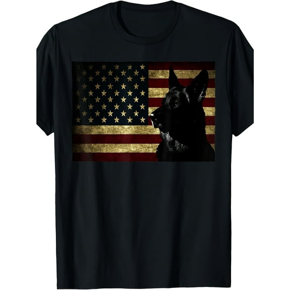 Men's Cotton T-Shirt with American Flag and German Shepherd Design, Black Round Neck, Fitted Style, Knitted Fabric, Summer Short Sleeve Casual Tee, Pet-style, Partially Covered, Slightly Elastic
