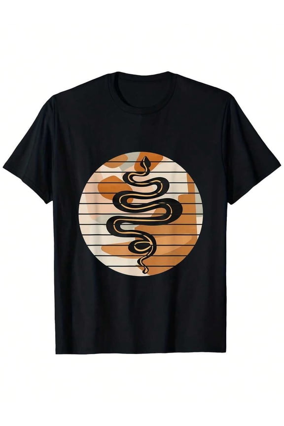 Men's Cotton T-Shirt - Black Snake Art Print With Orange & White Circular Patterns, Regular Fit Short Sleeve Casual Tee For Casual Attire