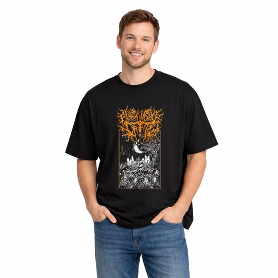 Men's Cotton T-Shirt, Orange Metal Forest Skull Vintage Graphic Crew Neck Short Sleeve Tee for Horror Night