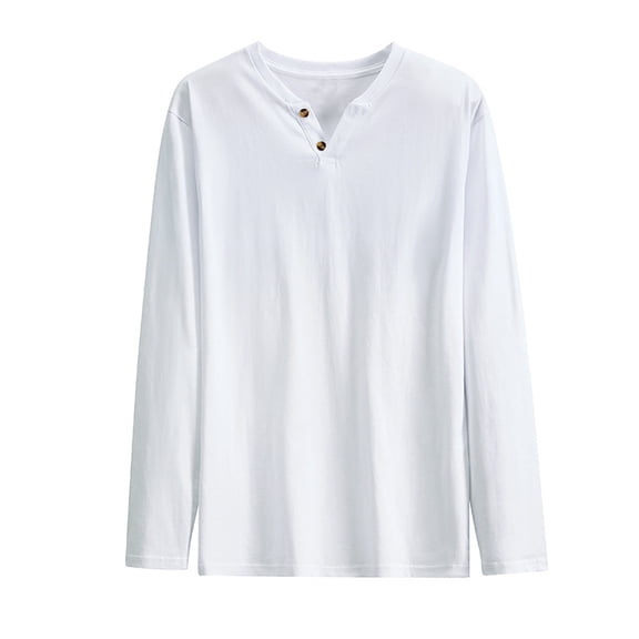 Men's Cotton T-Shirts Long Sleeve Soft Casual Base Tees Loose V Neck Tshirts Spring Fall Winter Pure Color Tops (XL, White)