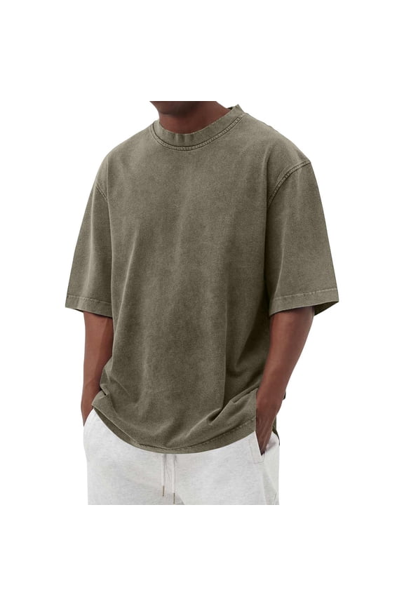 Men's Cotton T-Shirts Oversized Unisex Short Sleeves Street Casual Loose Solid Basic Tee Tops Army Green XL