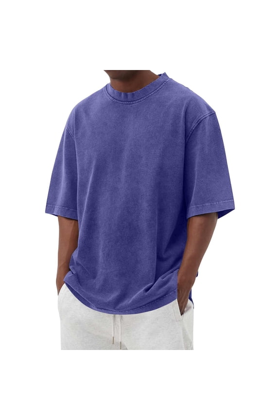 Men's Cotton T-Shirts Oversized Unisex Short Sleeves Street Casual Loose Solid Basic Tee Tops Dark Blue M