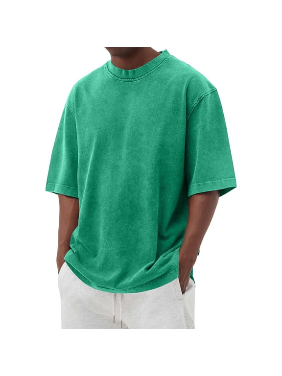 Men's Cotton T-Shirts Oversized Unisex Short Sleeves Street Casual Loose Solid Basic Tee Tops Green XL