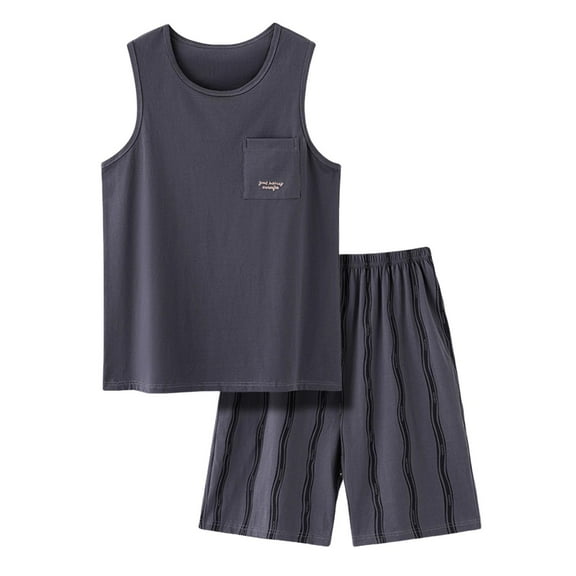 Men’s Cotton Tank & Striped Shorts Set – Lightweight Summer Loungewear with Double-Needle Hems (2025 Casual Sleepwear)