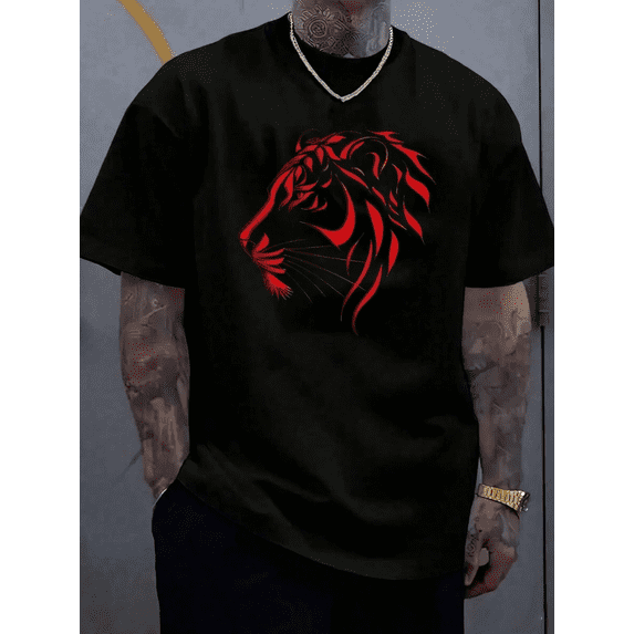 Men's Cotton Tee With Striking Lion Print. 100% Breathable Cotton, Loose Oversized Fit, Comfy Short Sleeve Graphic Shirt For Summer