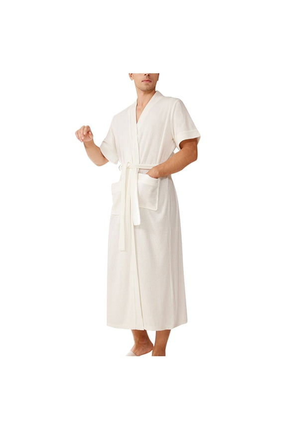 Men's Cotton Turkish Terry Cloth Short Sleeve Soft and Absorbent Bathrobes , Spa Style Bath Robe, Absorbent Shower Robe, Lightweight Towel Bathrobes with Pockets and Tie Belt Size 3XL White