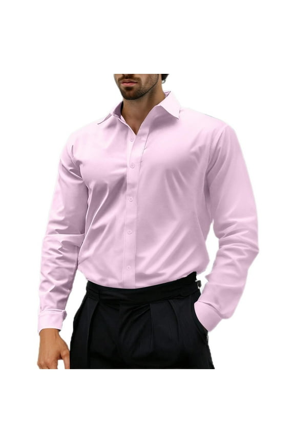 Men's Cotton Twill Dress Shirts Long Sleeve Lapel Button Up Collared Blouses Solid Color Business Casual Tops (S, Pink)