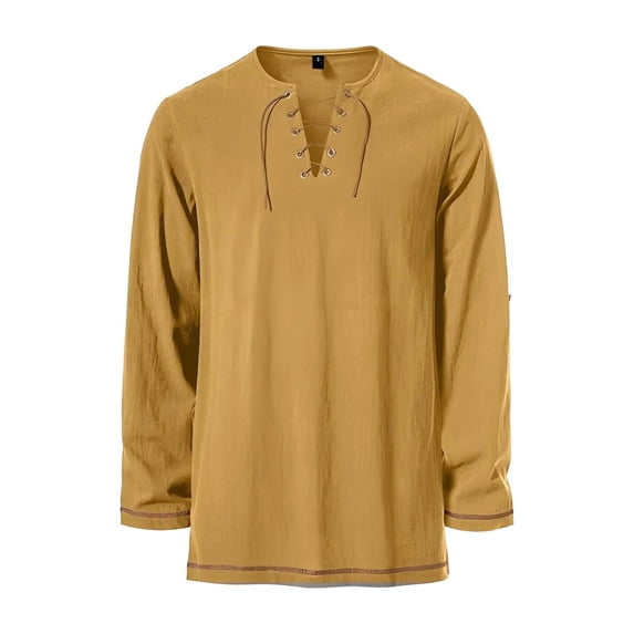 Men's Cotton Vintage Lace Up Shirts Long Sleeve Viking Medieval Costumes without Belt Halloween Costume Tops