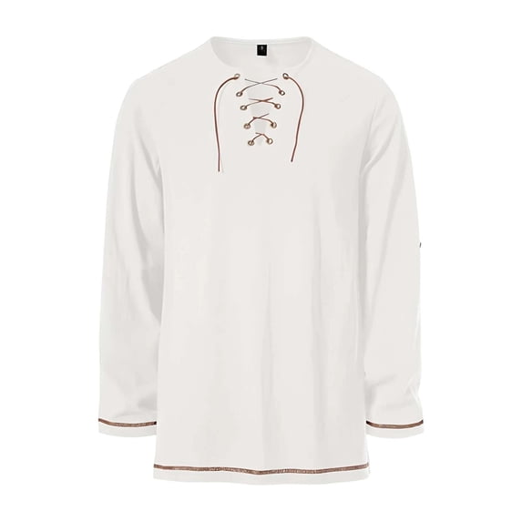 Men's Cotton Vintage Lace Up Shirts Long Sleeve Viking Medieval Costumes without Belt Halloween Costume Tops