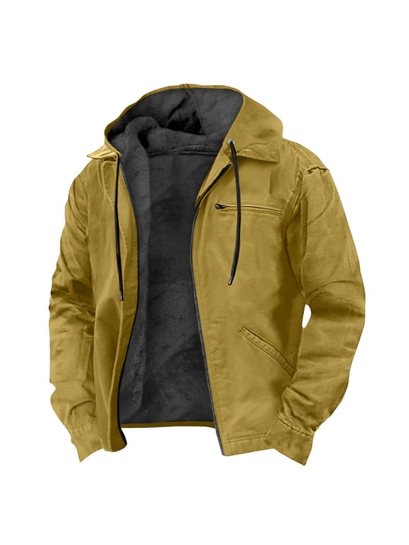 Men's Work Jacket Insulated Flannel Lined Full Zip Hoodies Active Winter Coat with Utility Pockets