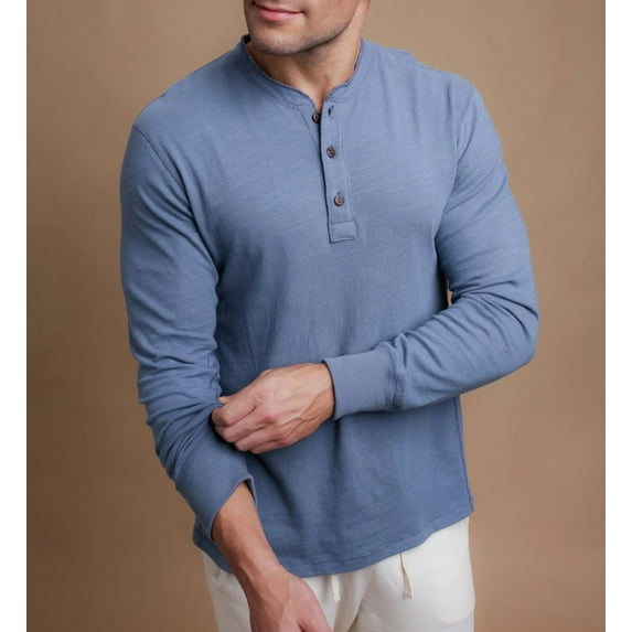 Men's Cottonique M17776 Latex Free Organic Cotton Long Sleeve Henley Shirt (Smoke Blue M)