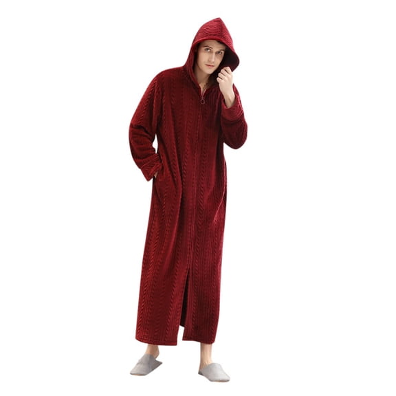 Men's Couples Lengthened Zip Bathrobe - Winter Plus Size Warm Homewear, Burgundy, L