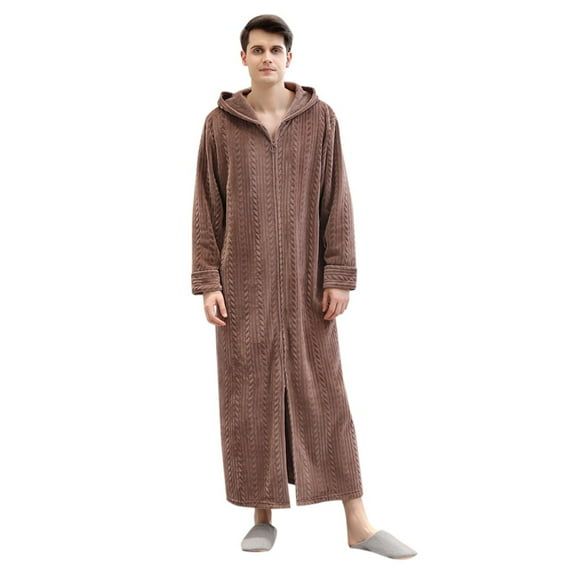 Men's Couples Lengthened Zip Bathrobe - Winter Plus Size Warm Homewear, Coffee Brown, M