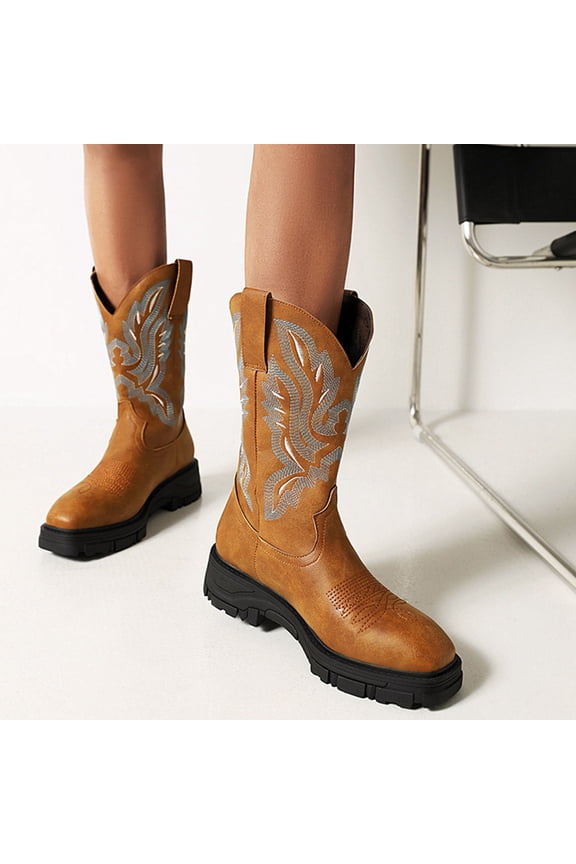 Men's Cowboy Boots Mid Calf Boots Square Toe Chunky Heel Embroidery Western Boots