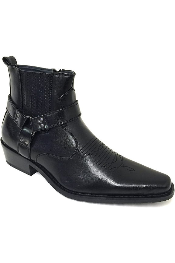 Men's Cowboy Boots Western Leather Lined Ankle Harness Strap Side Zipper Shoes