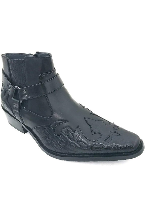 Men's Cowboy Boots Western Leather Lined Ankle Harness Strap Side Zipper Shoes
