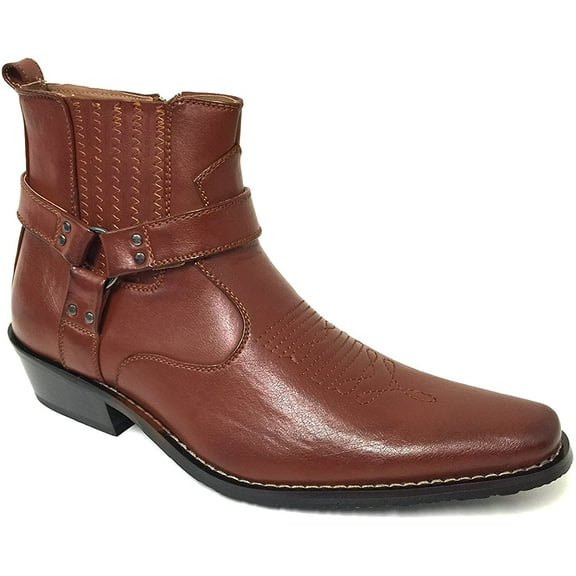 Men's Cowboy Boots Western Leather Lined Ankle Harness Strap Side Zipper Shoes