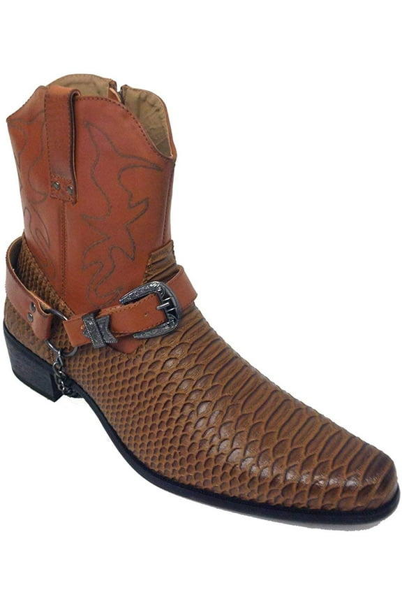 Men's Cowboy Boots Western Snake Skin Print Alligator Crocodile Zippper Buckle Harness