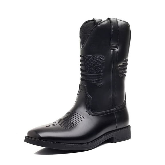 Men's Cowboy Boots With Square Toe Casual Chunky Heel Wide Country Boot Pull-on Boots Old West Style Fishing Boots