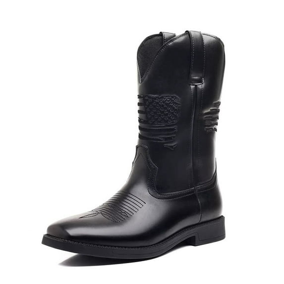 Men's Cowboy Boots With Square Toe Casual Chunky Heel Wide Country Boot Pull-on Boots Old West Style Fishing Boots