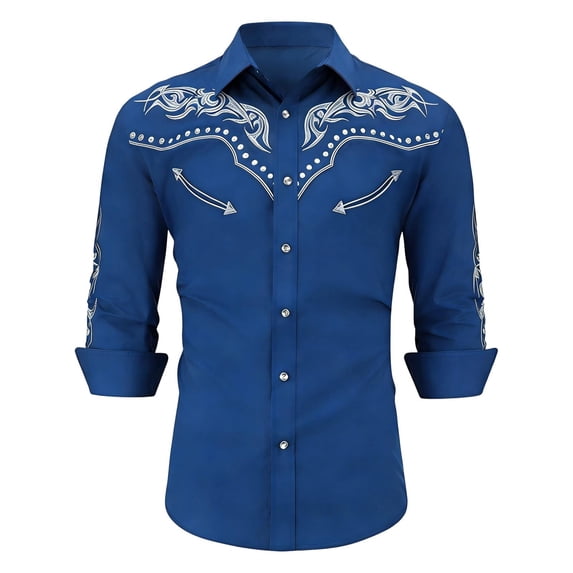 Men's Cowboy Shirts Western Embroidered Work Long Sleeve Button Up Comfortable Spring Fall Blue Shirts S-XXXL