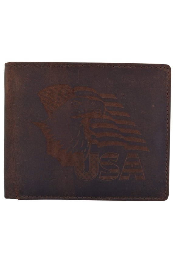 Men's Cowhide Leather USA Flag Eagle Logo RFID Bifold Wallet