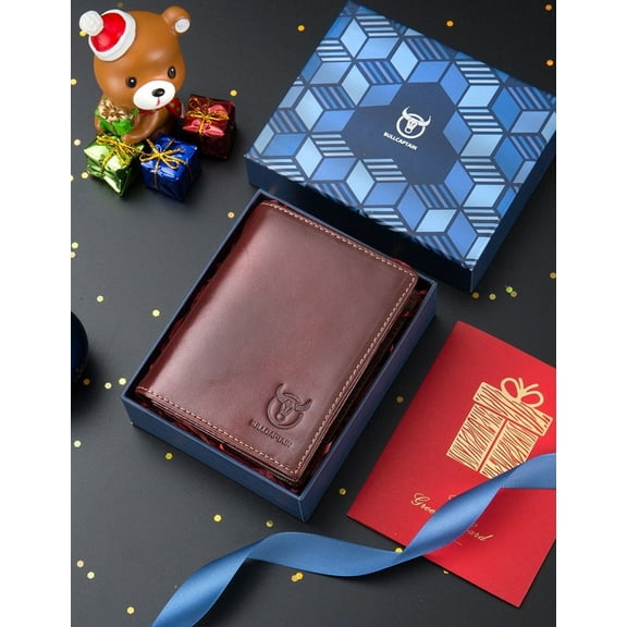 Men's Cowhide Wallet Credit Card Bag Coffee Short anti-Theft Wallet Gift Box X1 Card X1, Suitable for Gift use