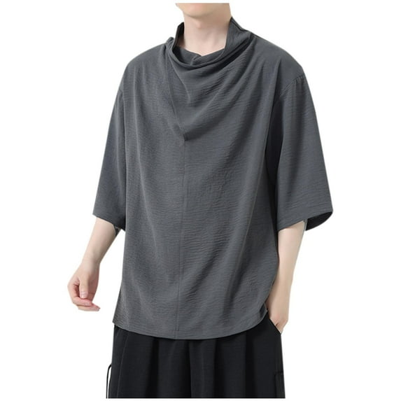 Men's Cowl Neck T-Shirt Baggy Loose Fit Short Sleeve Solid Color Tunic Tops Blouse Dark Gray L