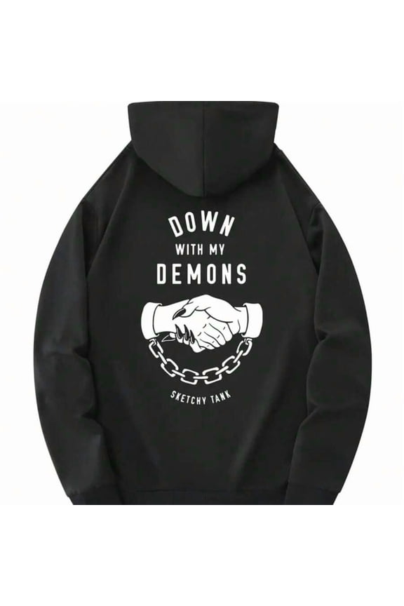 Men's Cozy Fleece Hoodie With "DOWN With MY DEMONS" Graphic - Casual Streetwear Sweathoodie With KANG-AROO Pocket, Black Cotton Blend, Perfect For Fall & Winter, Sweater Hoodie Versatile And Simple S