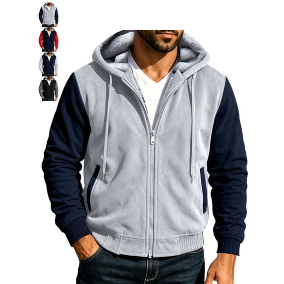 Men's Cozy Fleece Jacket Color Block Hooded Zip Up Long Sleeve Everyday Jacket