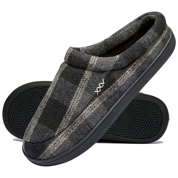 Men's Cozy Memory Foam Slippers Plaid Clog House Slippers Slip On House Shoes Indoor Outdoor with Non Slip Sole Size 11-12, Black