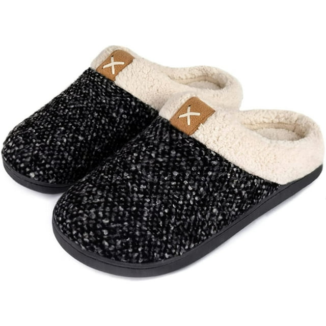 Men's Cozy Memory Foam Slippers with Fuzzy Plush Wool-Like Lining, Slip on Clog House Shoes with Indoor Outdoor Anti-Skid Rubber Sole