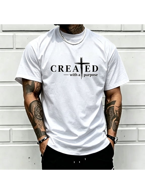Men’s “Created with a Purpose” Christian graphic T-shirt, cross faith quote print tee, casual crew neck, perfect for church outfits, faith wear, and streetwear.