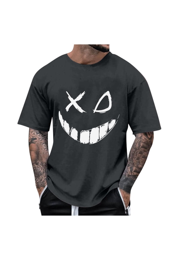 Men's Creepy Smile Crewneck T-Shirt Novelty Spooky Face Halloween Clothes Short Sleeve Scary Tee Tops
