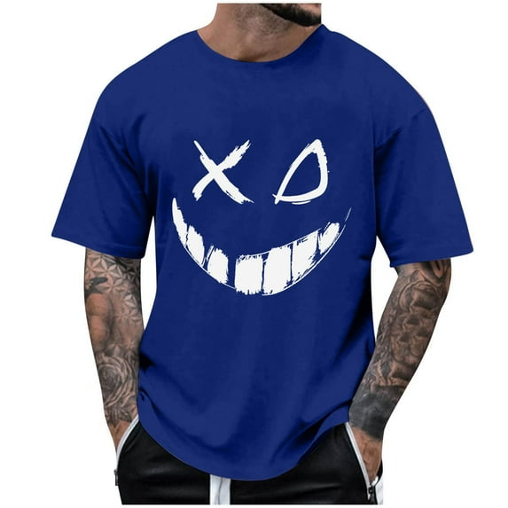 Men's Creepy Smile Crewneck T-Shirt Novelty Spooky Face Halloween Clothes Short Sleeve Scary Tee Tops