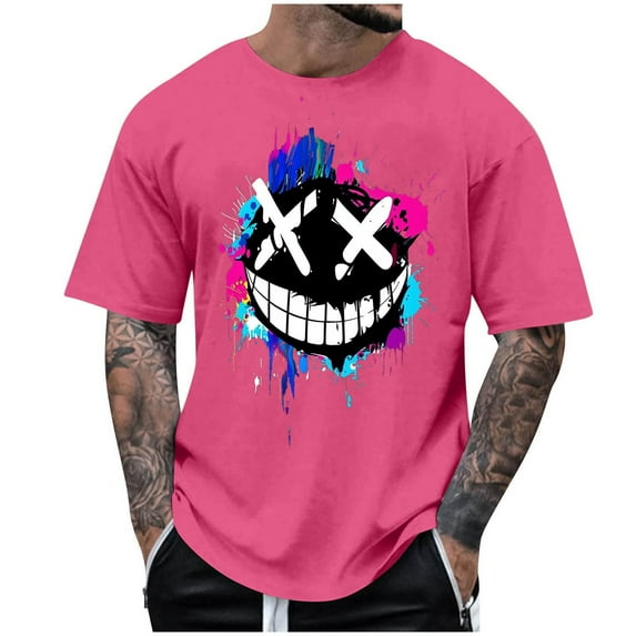 Men's Creepy Smile Crewneck T-Shirt Spooky Face Novelty Halloween Clothes Short Sleeve Scary Tee Tops