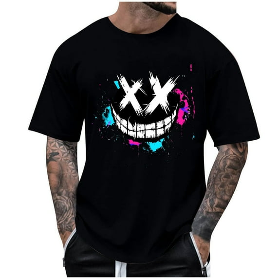 Men's Creepy Smile Crewneck T-Shirt Spooky Face Printed Novelty Halloween Clothes Short Sleeve Scary Tee Tops