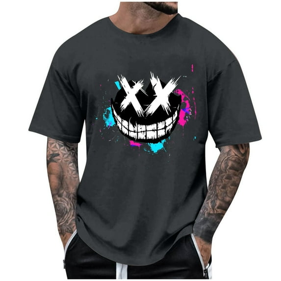 Men's Creepy Smile Crewneck T-Shirt Spooky Face Printed Novelty Halloween Clothes Short Sleeve Scary Tee Tops