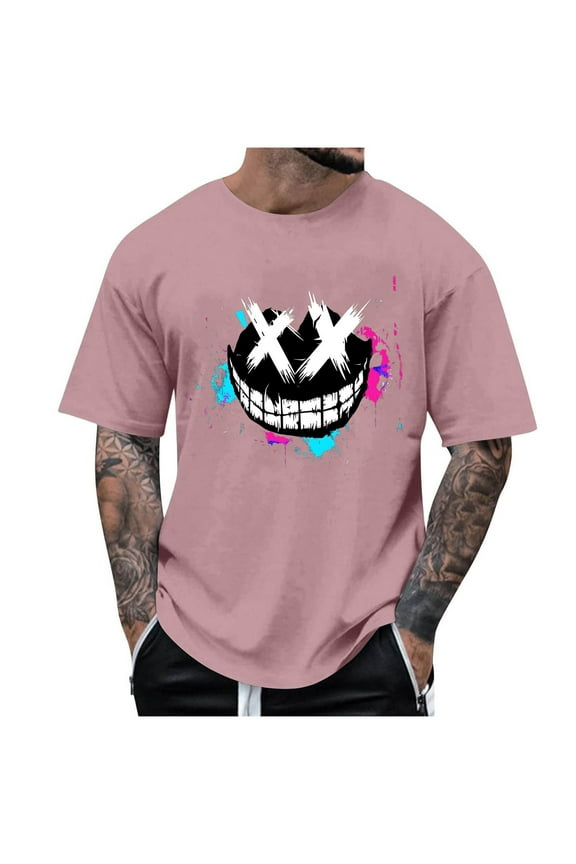 Men's Creepy Smile Crewneck T-Shirt Spooky Face Printed Novelty Halloween Clothes Short Sleeve Scary Tee Tops