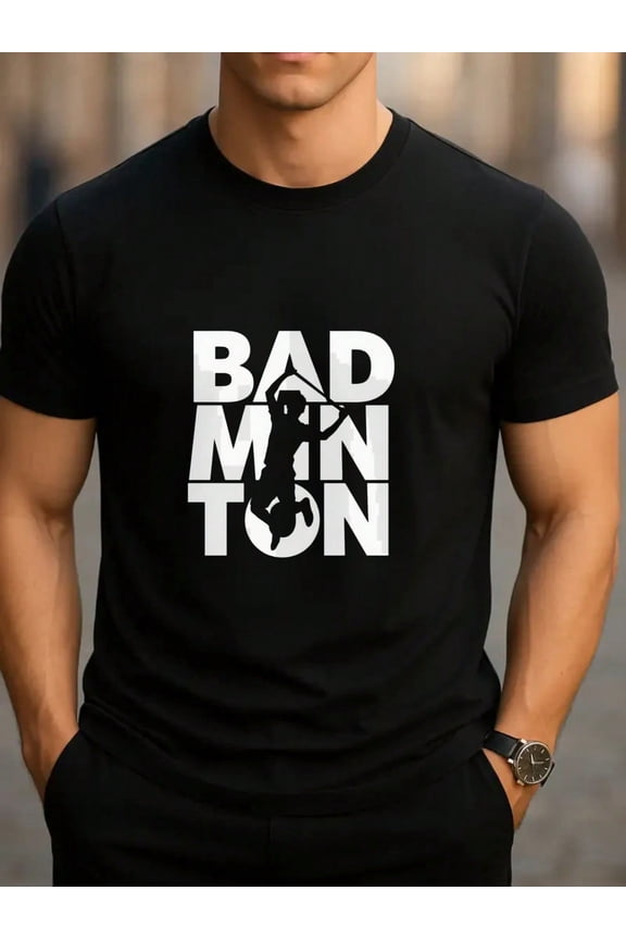 Men's Crew Neck Black T-Shirt With White BADMINTON Graphic And Player Silhouette For Sports Enthusiasts